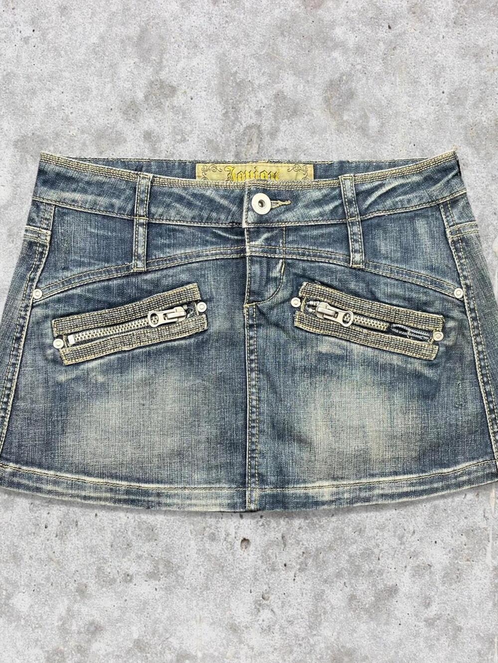 Distressed Denim Mini Skirt with Zip Pocket Detail - Blue